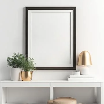 Close up blank frame mockup on shelf in the living room. frame mockup desig.. Stock Photos