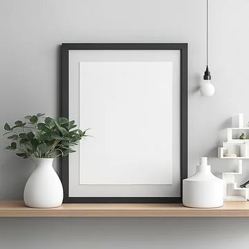 Close up blank frame mockup on shelf in the living room. frame mockup desig.. Foto stock