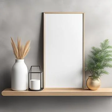 Close up blank frame mockup on shelf in the living room. frame mockup desig.. Stock Photos