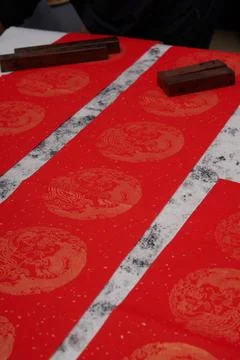 Close-up of blank red spring couplets calligraphy paper for Chinese New Year 스톡 사진
