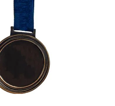 Close up blank space for text or picture on medal with blue strap on white ba Foto stock