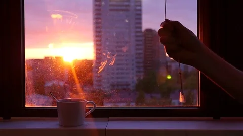 Close the blinds on the window with a beautiful evening sunset, and a cup of Stock Footage 81630835