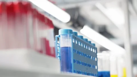 Close up of blood samples in test tubes and reagent solutions Stock Footage 320143316
