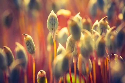 Close up of blooming forest moss. Abstract nature background with vintage m.. Stock Photos