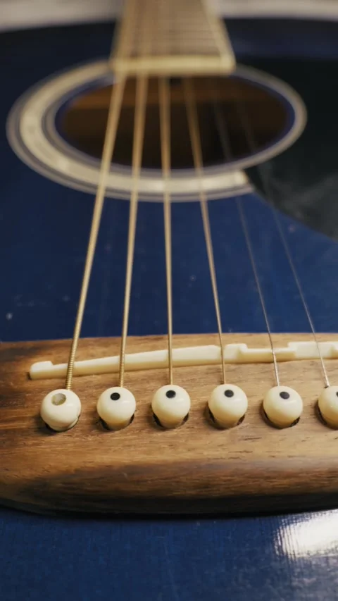 Close-Up of Blue Acoustic Guitar Strings and Bridge Stock Footage 326314420