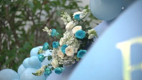 Close-up of Blue and Pink Balloon Garlands for Baby Gender Reveal Celebration Stock Footage 341008818