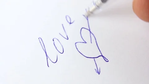 Close-up blue ballpoint pen writes word love on white paper and draw heart shape Stock-Footage 126998762