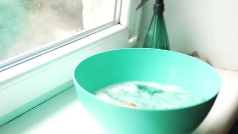 Close up of a blue basin with soapy water and spray bottle on a window sill 스톡 동영상 340159544