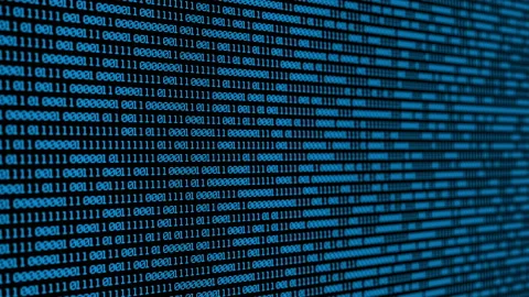 Close up blue binary code on black background. Futuristic cyberspace and Stock Footage 143545740