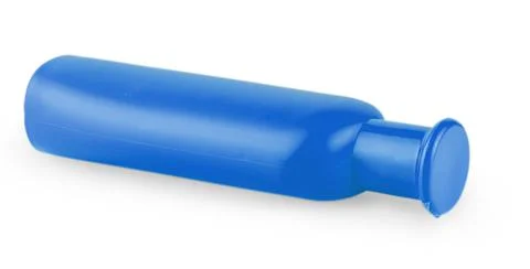 Close up of a blue bottle lying on side on white background with clipping pat Stock Photos