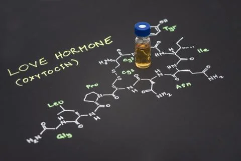 Close-up blue cap sample vial on paper with chemical formula of Oxytocin (l.. Stock Photos