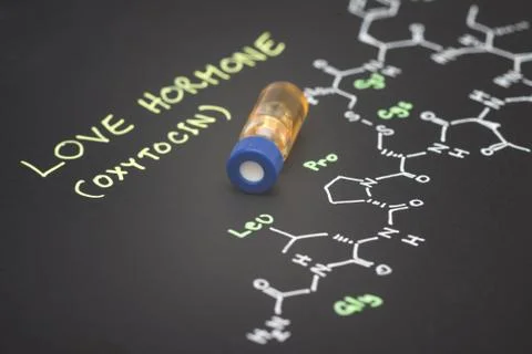 Close-up blue cap sample vial on paper with chemical formula of Oxytocin (l.. Stock Photos