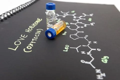 Close-up blue cap sample vial on notebook with chemical formula of Oxytocin.. Stock Photos