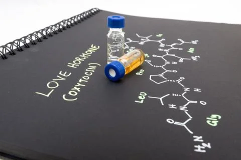 Close-up blue cap sample vial on notebook with chemical formula of Oxytocin.. Stock Photos