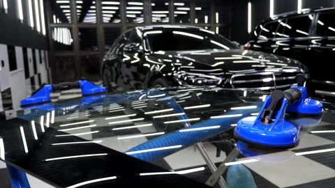 Close-up of blue car suction cups on the glass in a brightly lit car service. Stock Footage 312441011