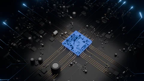 Close-up of blue central processing unit, dark circuit board with glow Stock Footage 324797695