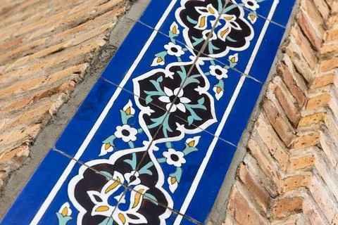Close-up of a blue ceramic tile border of a Mosque wall Stock Photos