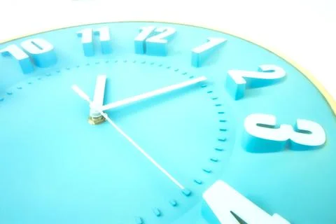 Close up of a blue clock face with 3D numbers and second hand Stock Photos