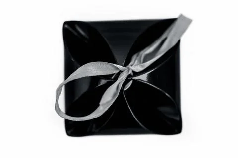 Close up blue colored gift box decorated isolated on white. Stock Photos