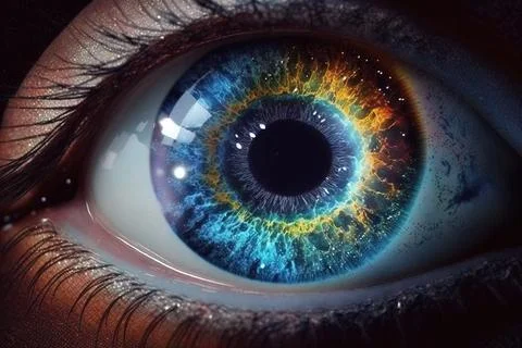 A close up of a blue eye with a black background and a rainbow colored iris.. Illustrazione stock