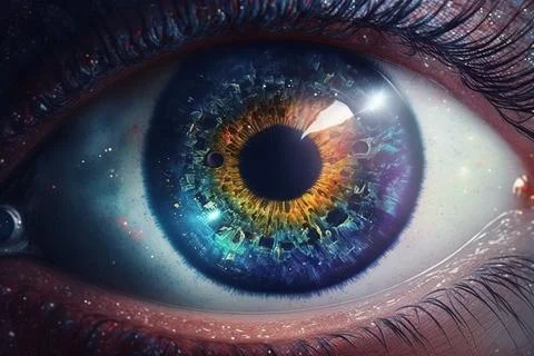 A close up of a blue eye with a bright iris and stars in the background rea.. Stock Illustration
