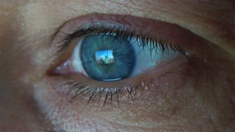 Close up blue eye in front of a pc screen with statue of Liberty image Stock Footage 127796943
