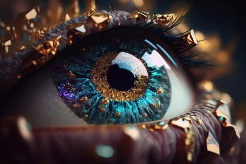 A close up of a blue eye with gold decorations on it's irise realistic eyes.. Stock Illustration
