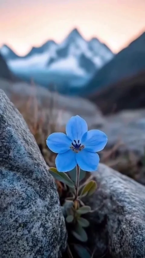Close up blue flower growing between rocks against scenic mountain landscap.. Video stock 320385896