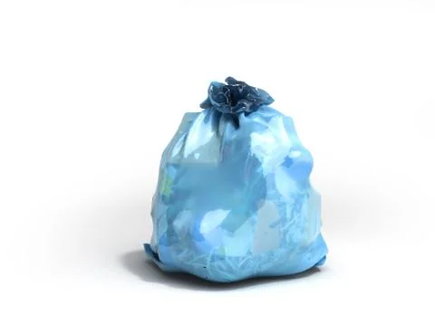 Close up of blue garbage bag 3d render on white background Illustrazione stock