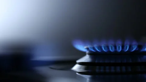 Close-Up of Blue Gas Flame Ignition on Stove Stock Footage 220639072