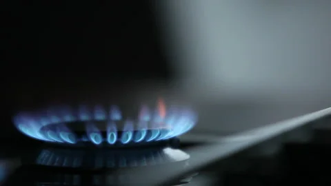 Close-Up of Blue Gas Flame on Kitchen Cooker with Intense Heat Stock Footage 220637884