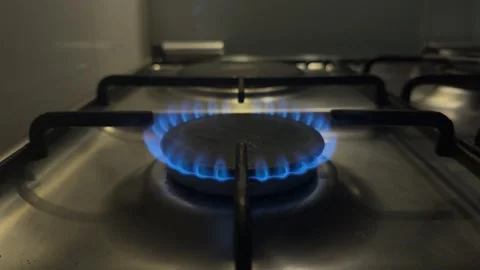 Close-Up of Blue Gas Flame on Kitchen Stove Burner Stock Footage 326454023
