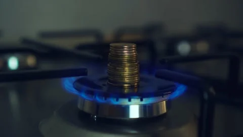 Close up of blue gas flames burning on stove and fire goes out due to Stock Footage 217381115