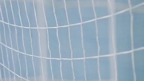 A close-up of a blue handball gate with a stretched white net in an indoor .. Vidéo 339764699