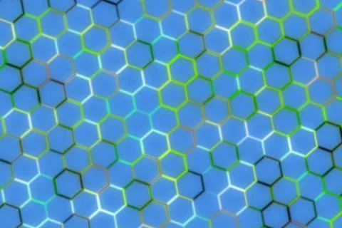 Close-up of blue hexagonal solar panels with green outlines Stock Photos