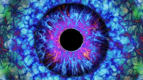 Close-up of a blue human iris with psychedelic multicolored patterns Stock Footage 272310538