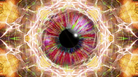 Close-up of a blue human iris with psychedelic multicolored patterns Stock Footage 274895267