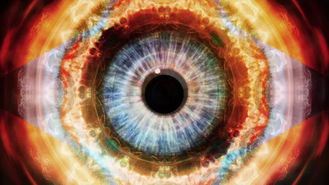 Close-up of a blue human iris with psychedelic multicolored patterns Stock Footage 275841351