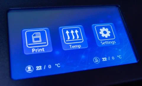 Close-up of blue modern touch screen of 3D printer. Stock Photos