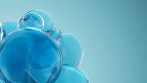 Close up of blue oil bubbles abstract. Natural cosmetics essential oil drops. 3d Stock Illustration