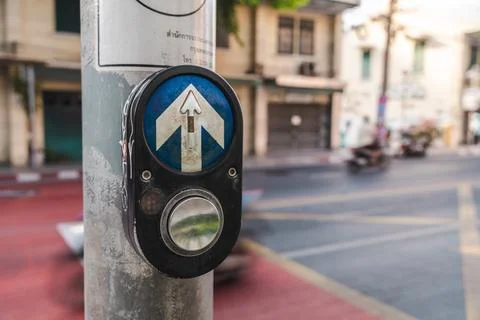 Close-Up of Blue Pedestrian Crossing Button on Bangkok Street Stock Photos