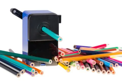 Close-up of a blue sharpener with pencil Stock Photos