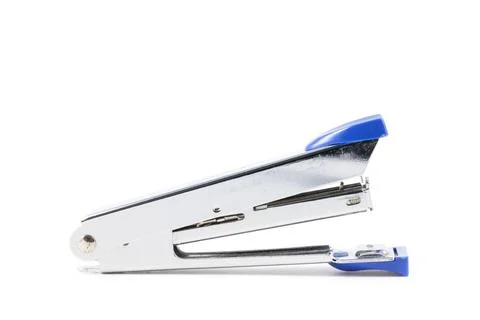 Close up blue stapler on white background Stockfoto's