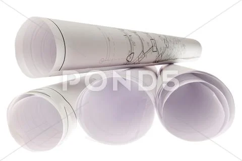 Close-up of blueprints with sketches of projects isolated on white background Stock Photos