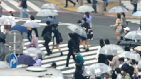 Close up blur Pan slow motion of pedestrian holding umbrella in rain Stock Footage 196077122