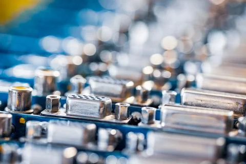 Close-up blurry metal sockets on a computer video board Foto stock