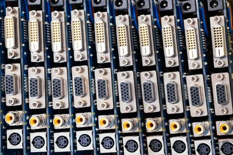 Close-up blurry metal sockets on a computer video board Stock Photos