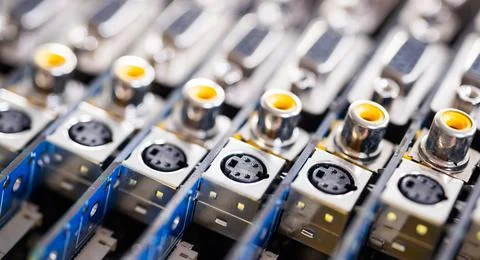 Close-up blurry metal sockets on a computer video board Stock Photos