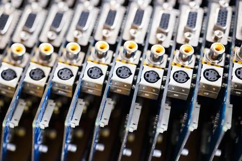 Close-up blurry metal sockets on a computer video board Foto stock