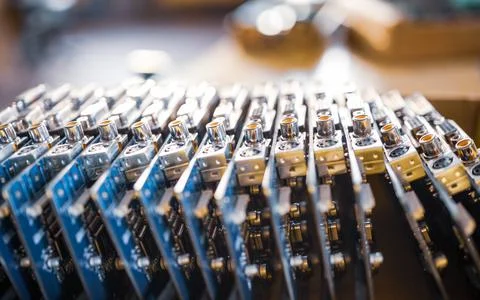 Close-up blurry metal sockets on a computer video board Foto stock